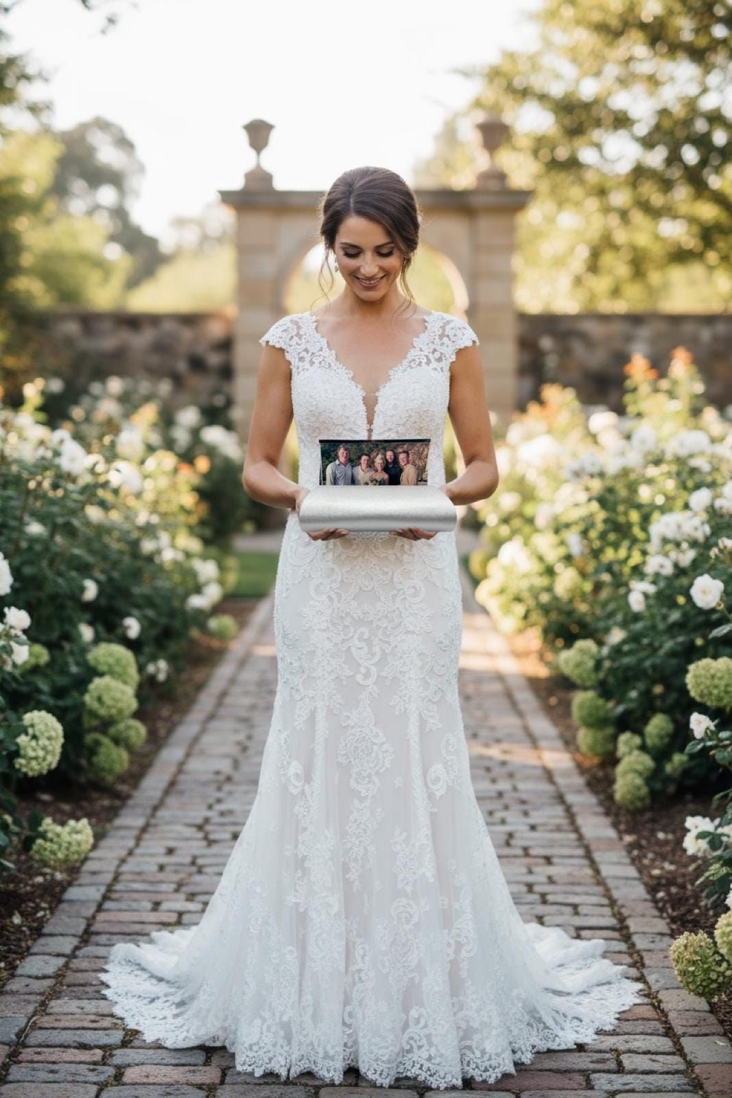 Bride in a white lace gown on a garden path holding a silver Lustre clutch printed with a family photo