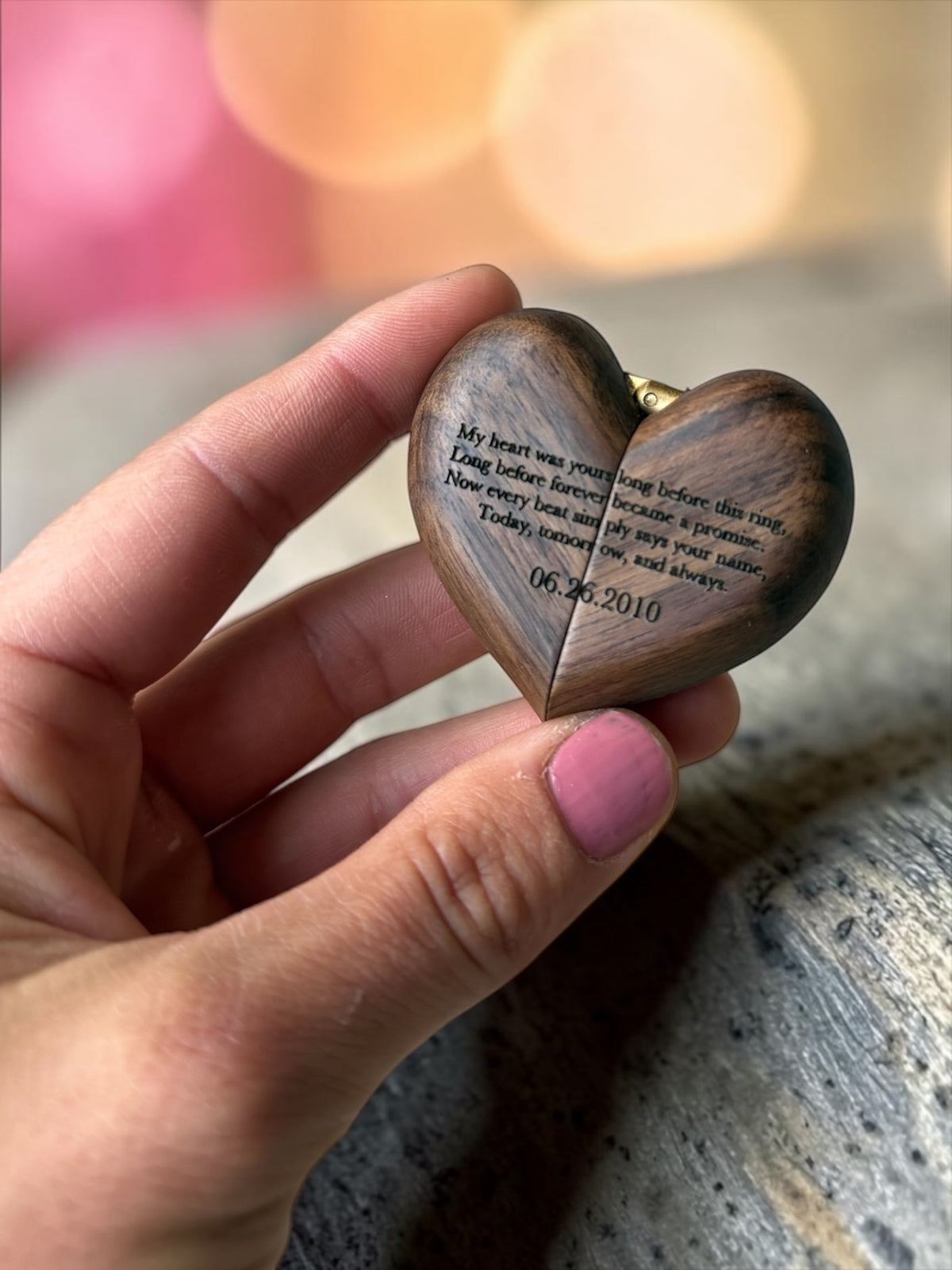 Engraved Proposal Ring Box – Heart-Shaped Wooden Keepsake Jewelry Box