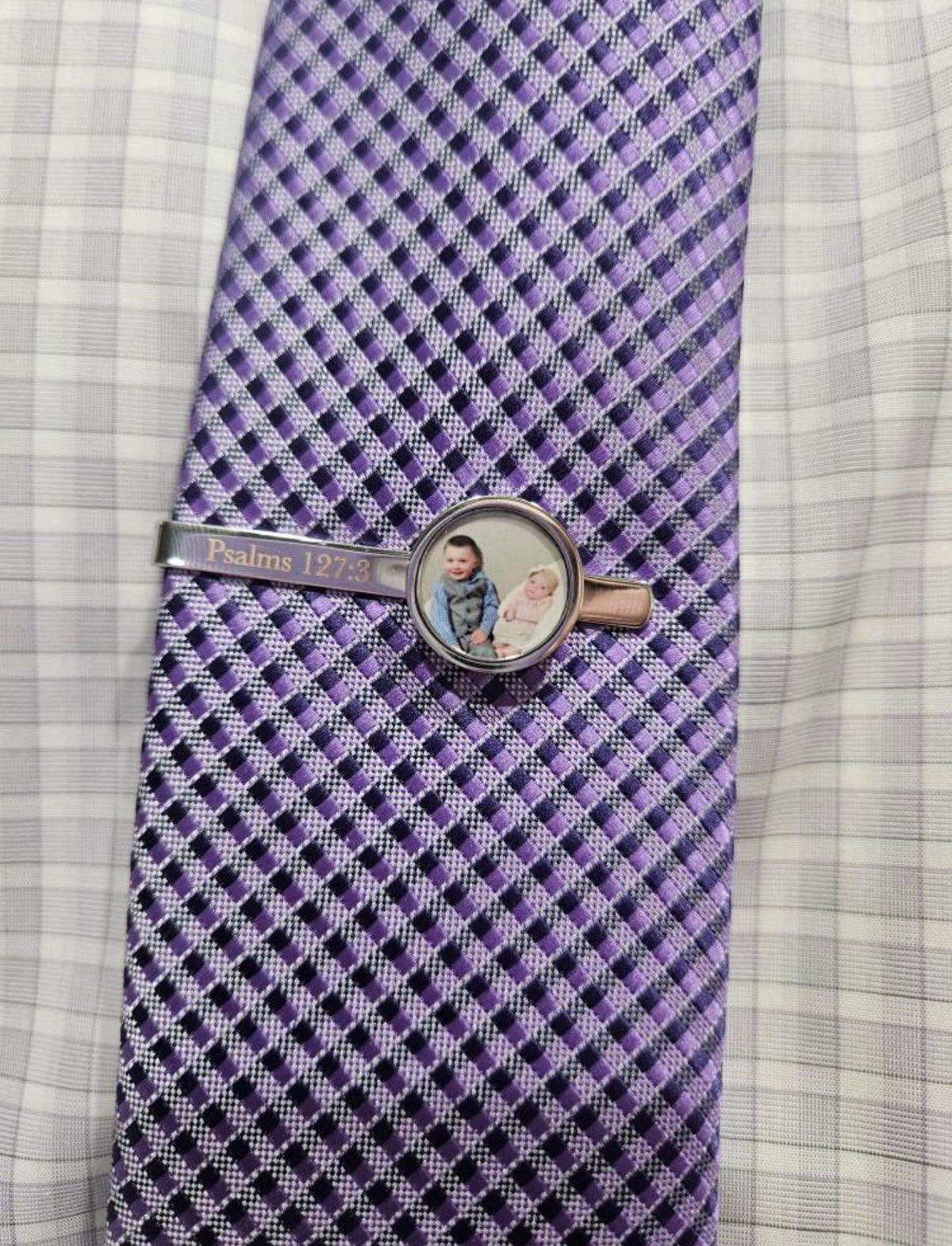 Silver photo tie clip engraved Psalms 127:3 with a photo of two kids
