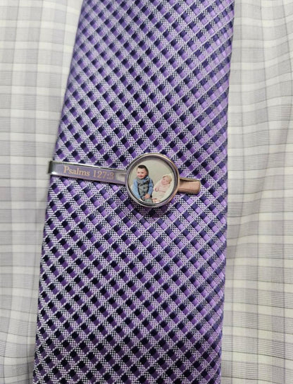 Silver photo tie clip engraved Psalms 127:3 with a photo of two kids